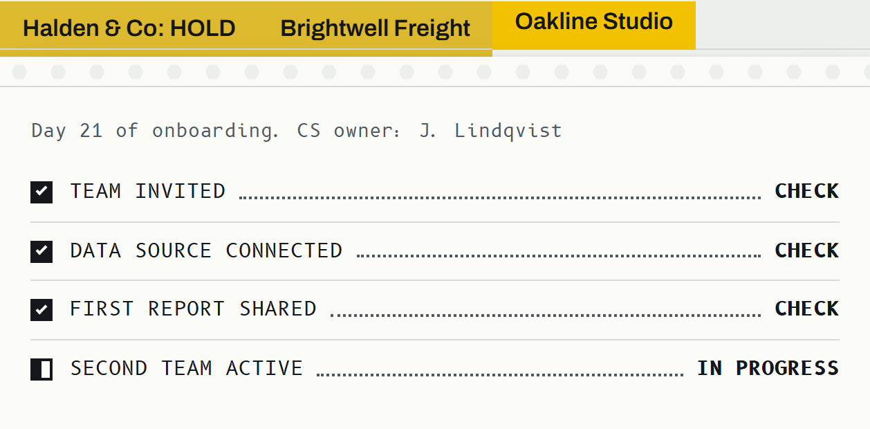 Sample account card: Oakline Studio, second team in progress