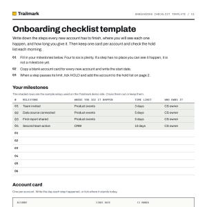 First page of the Trailmark onboarding checklist template: milestone table with time limits